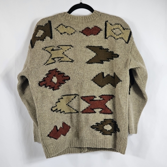 Vtg Jayson Younger Womens Wool Aztec Cardigan Sz L Tan Apron Pockets Art to Wear - Picture 2 of 10